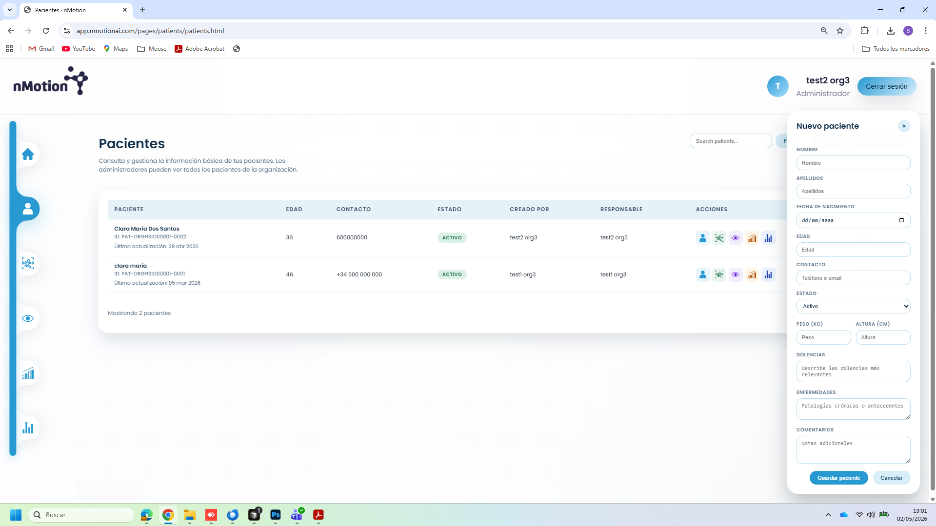 Lista de pacientes en la plataforma nMotion